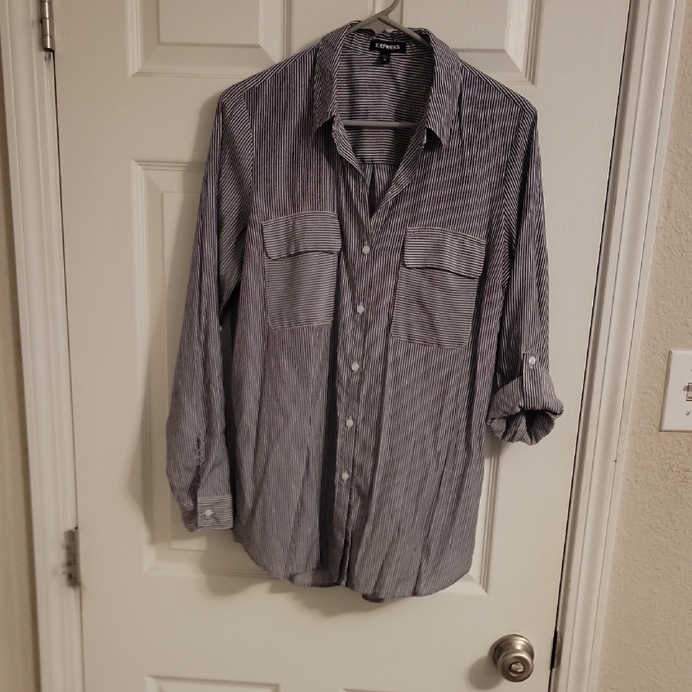 Express Gray and White Striped  Women's Button Down Top